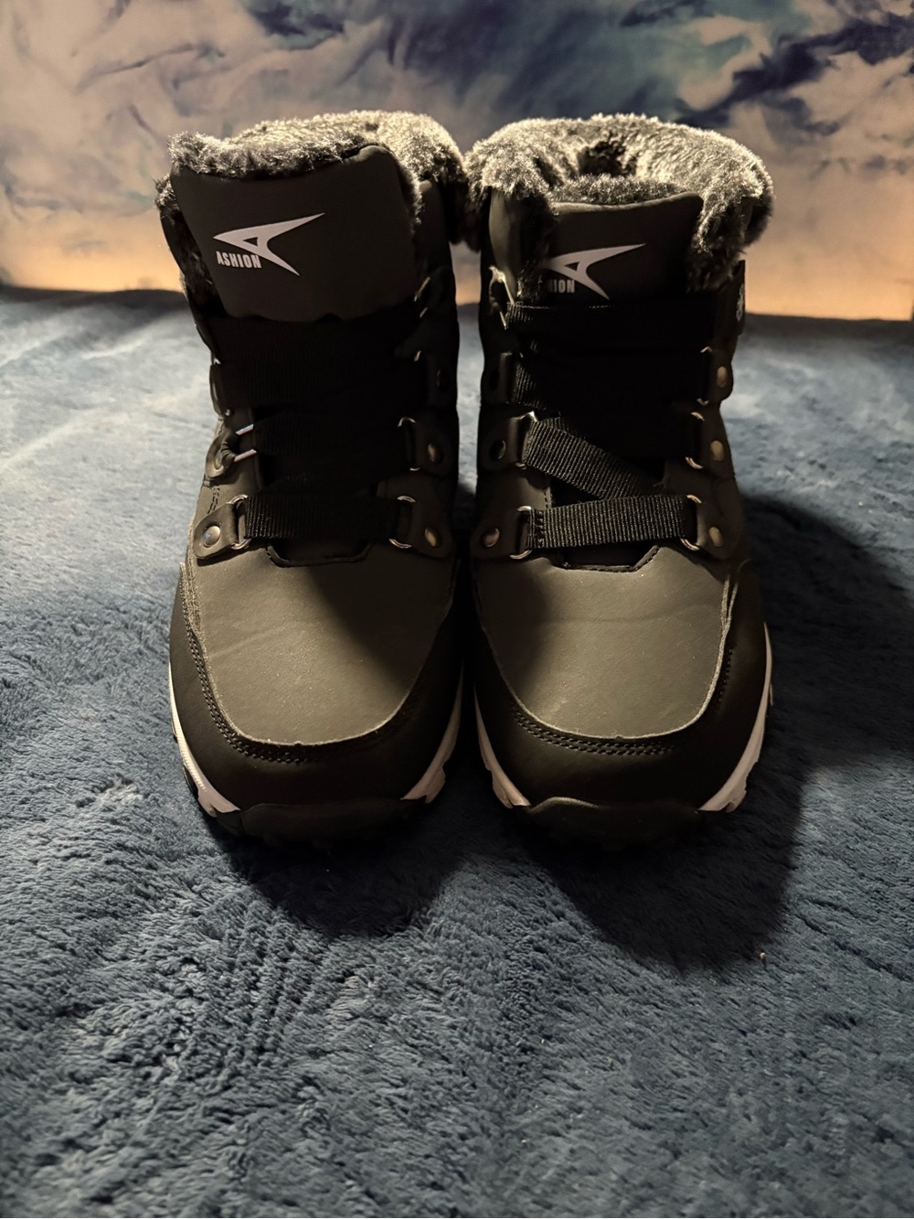 Women’s Black Winter Boots with Faux Fur Lining and snowflake accents